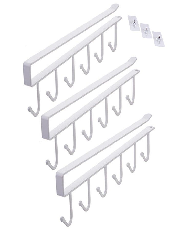 COBARYEN 6-Hook Under Cabinet Mug Hanger -- Cups Storage Rack Drilling Free Coffee Cups Holder Kitchen Belts Scarf Hanging Hooks Rack (3, White) - Image 1